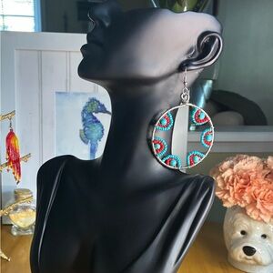 Paparazzi Turquoise and Red Beaded Hoop Earrings